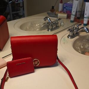 Michael Kors Red Leather Crossbody Bag with Matching Card Holder
